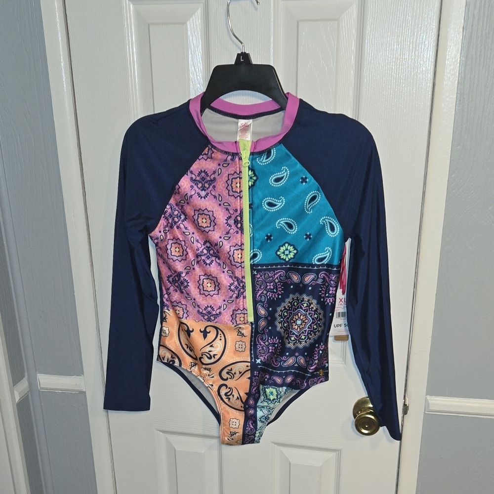 Justice Navy and Pink Kids Swim Rashguard